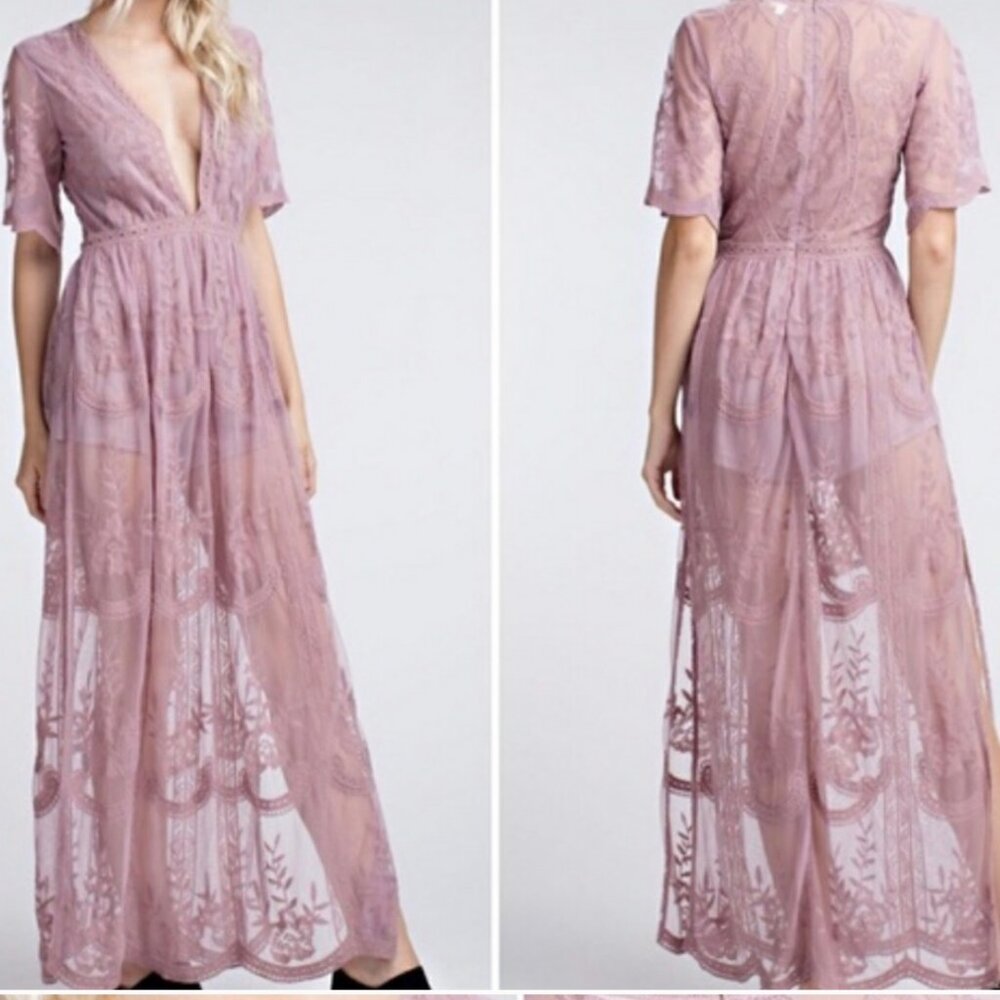 Honey Punch Open Road Romper With Nude Lace Maxi Dress Overlay SIZE XS/Small